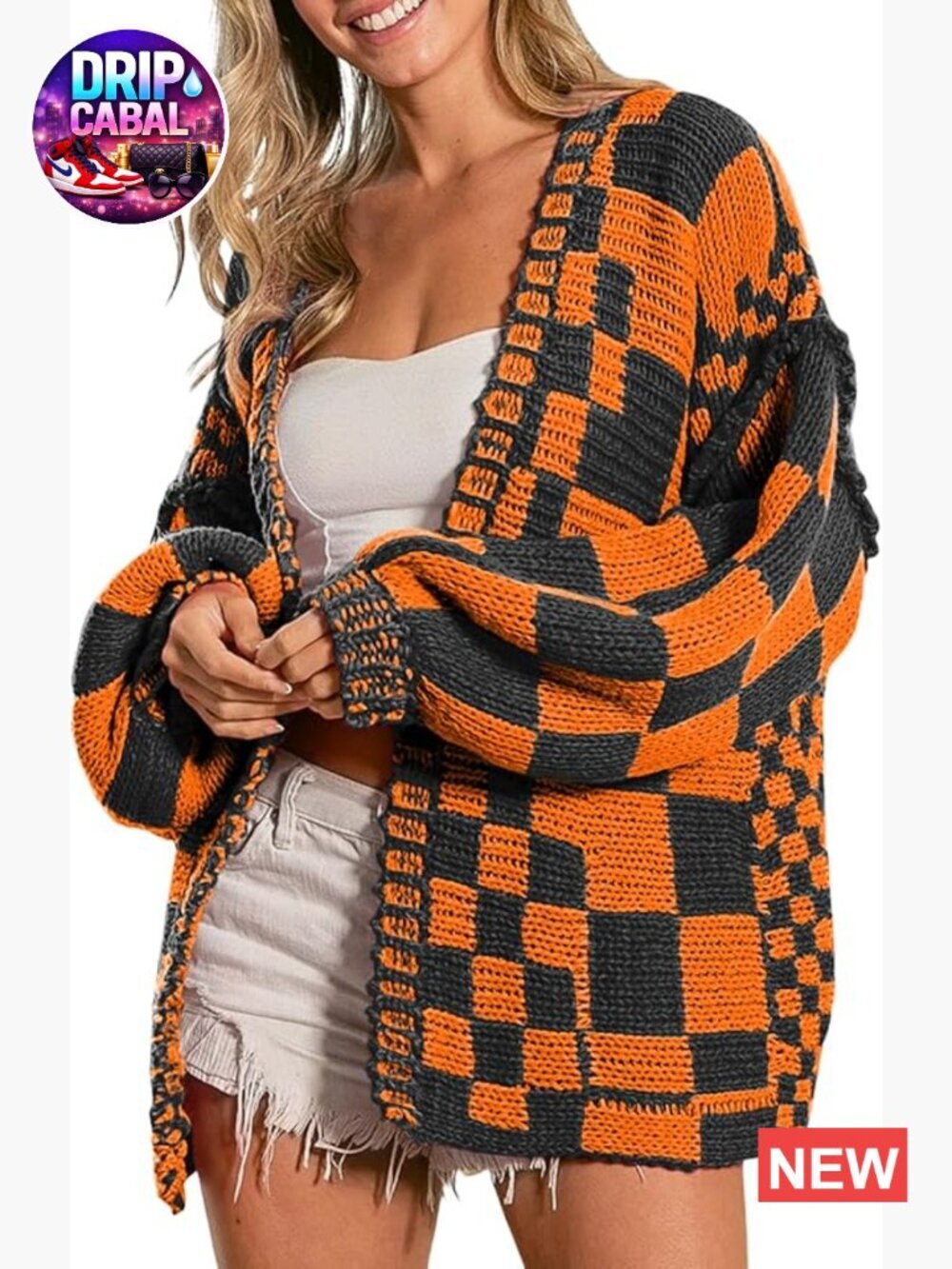 Vintage Open Front Mixed Checkered Pattern Chunky Knit Long Sleeve Cardigan
